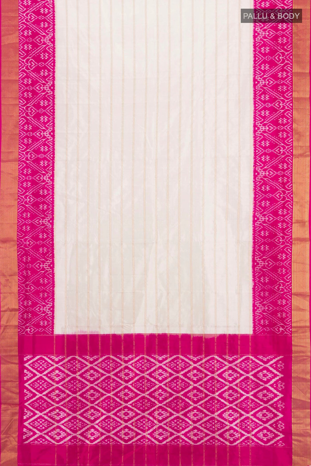 Flat view of Pure Silk Off White Pochampally Saree with Stripes on the body and Ikat Border. 