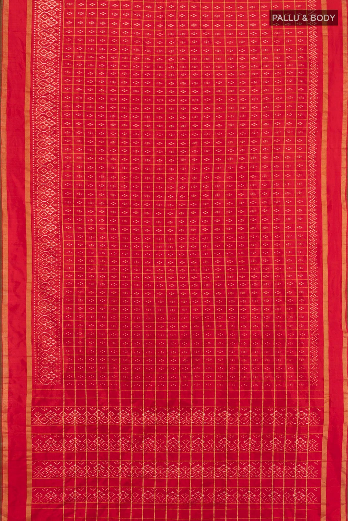 Flat view of Pure Silk Red Pochampally Saree with Pure Ikat on the body and Zari Border. 