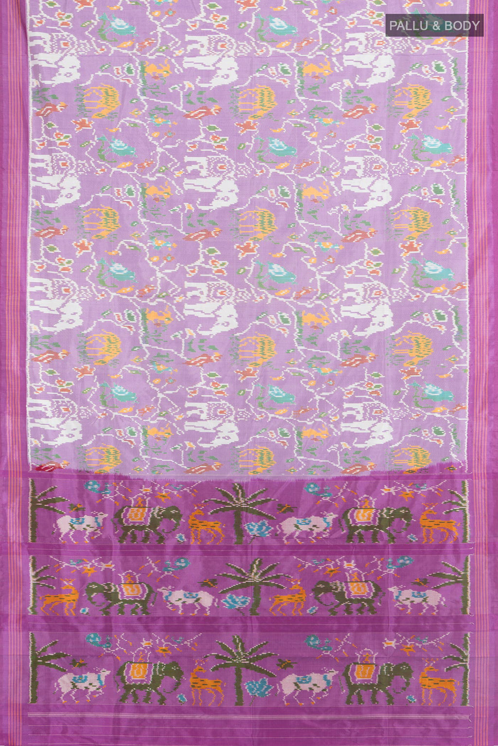 Flat view of Pure Silk Lavender Pochampally Saree with Pure Ikat on the body and Plain Border. 