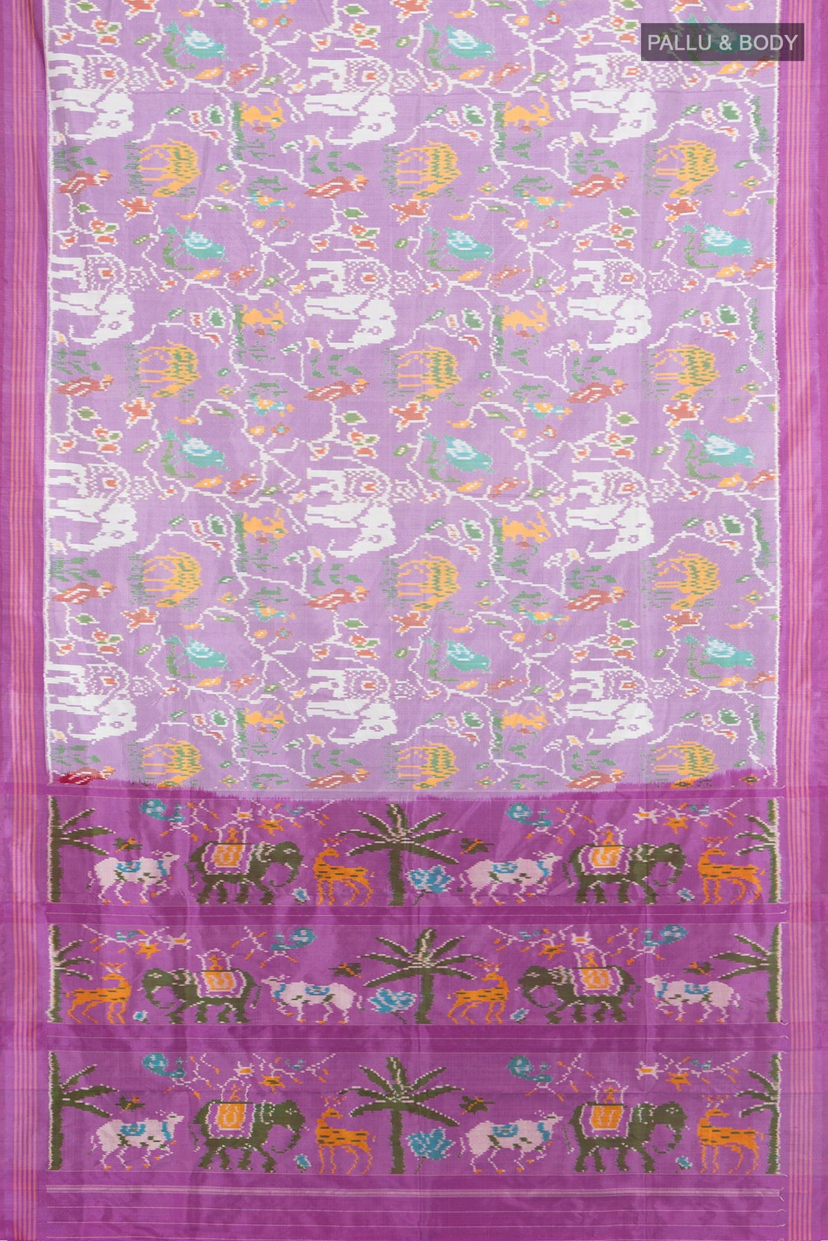 Flat view of Pure Silk Lavender Pochampally Saree with Pure Ikat on the body and Plain Border. 