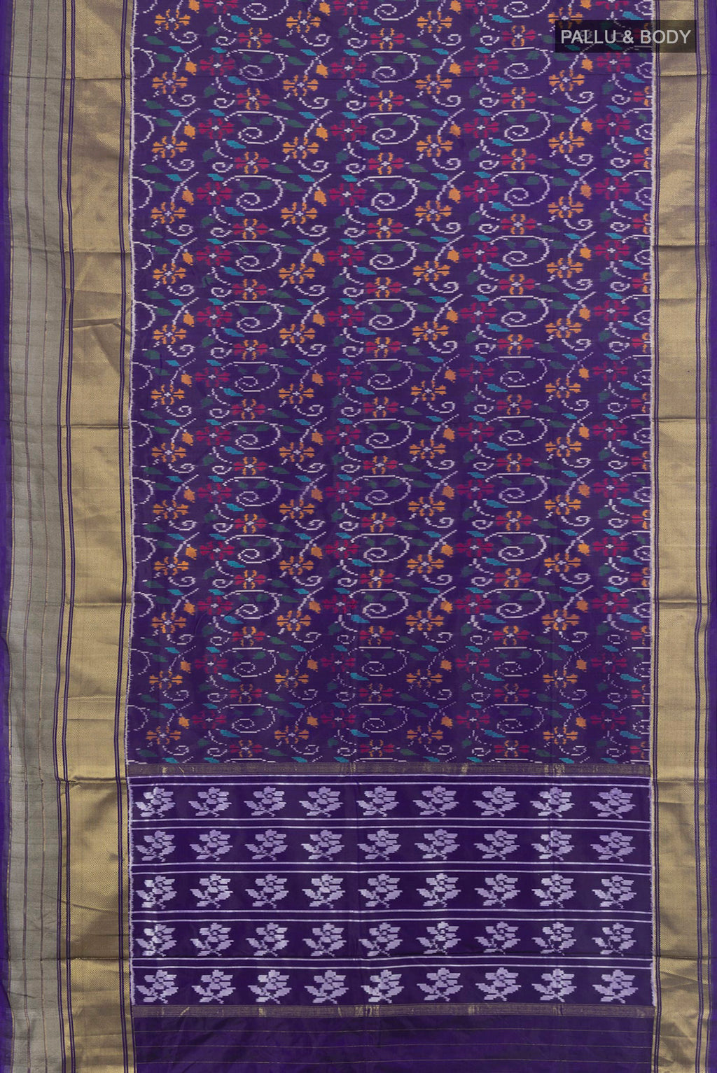 Flat view of Pure Silk Navy Blue Pochampally Saree with Pure Ikat on the body and Zari Border. 