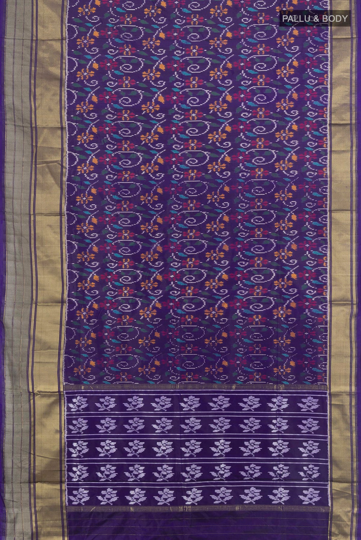 Flat view of Pure Silk Navy Blue Pochampally Saree with Pure Ikat on the body and Zari Border. 