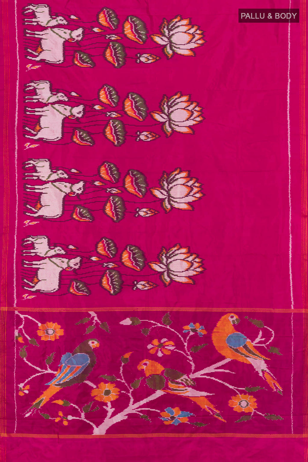Flat view of Pure Silk Dark Pink Pochampally Saree with Plain Body and Plain Border. 