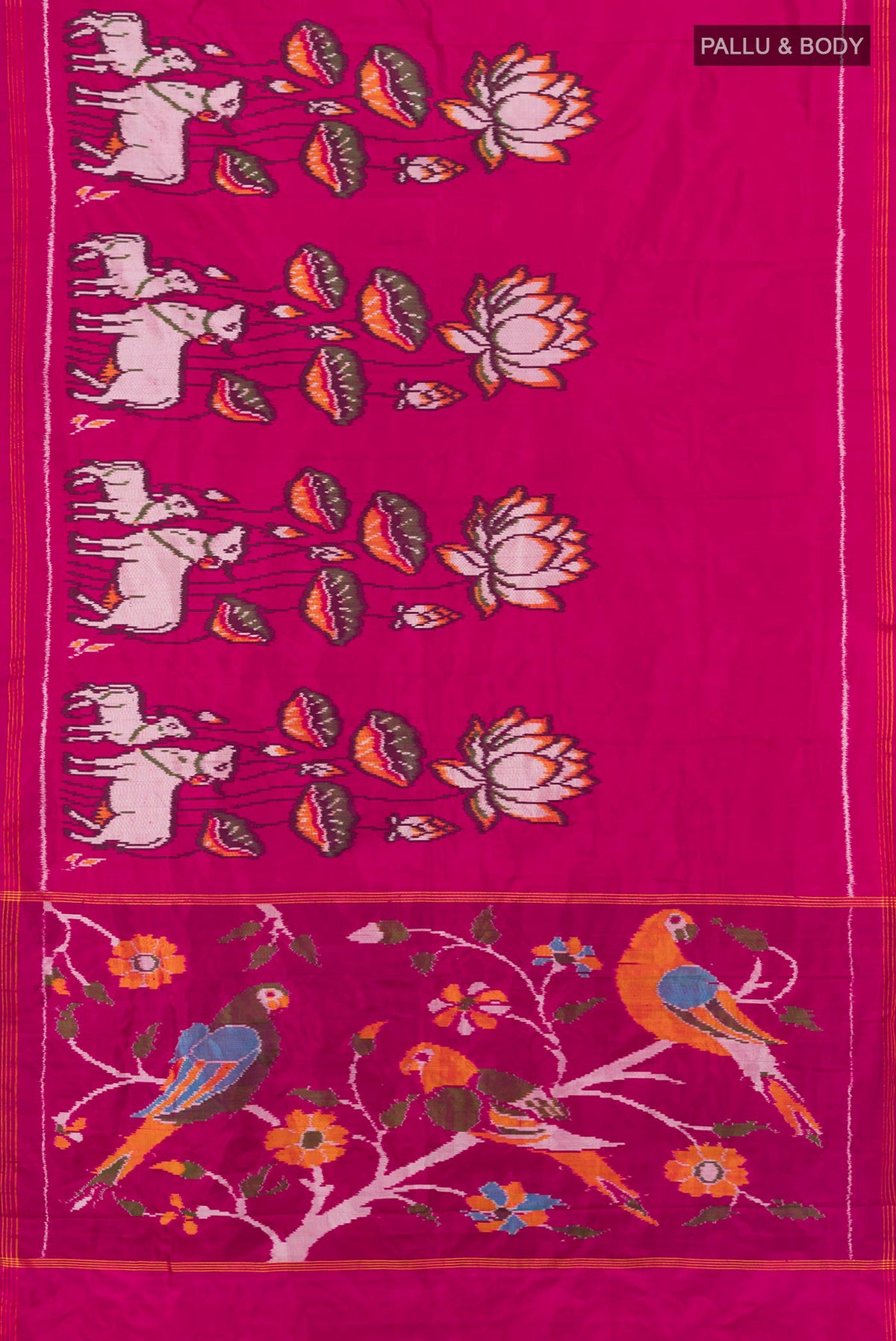 Flat view of Pure Silk Dark Pink Pochampally Saree with Plain Body and Plain Border. 