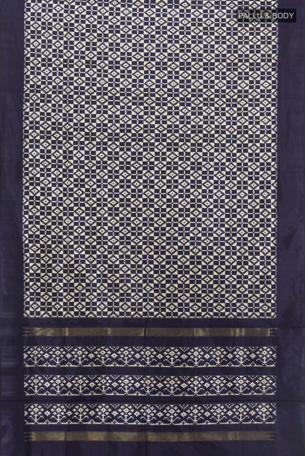 Flat view of Pure Silk Cream Pochampally Saree with Pure Ikat on the body and Plain Border. 
