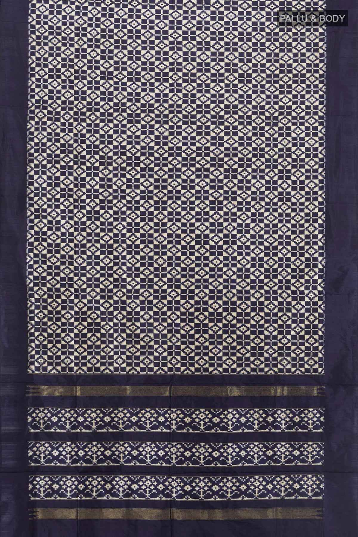 Flat view of Pure Silk Cream Pochampally Saree with Pure Ikat on the body and Plain Border. 
