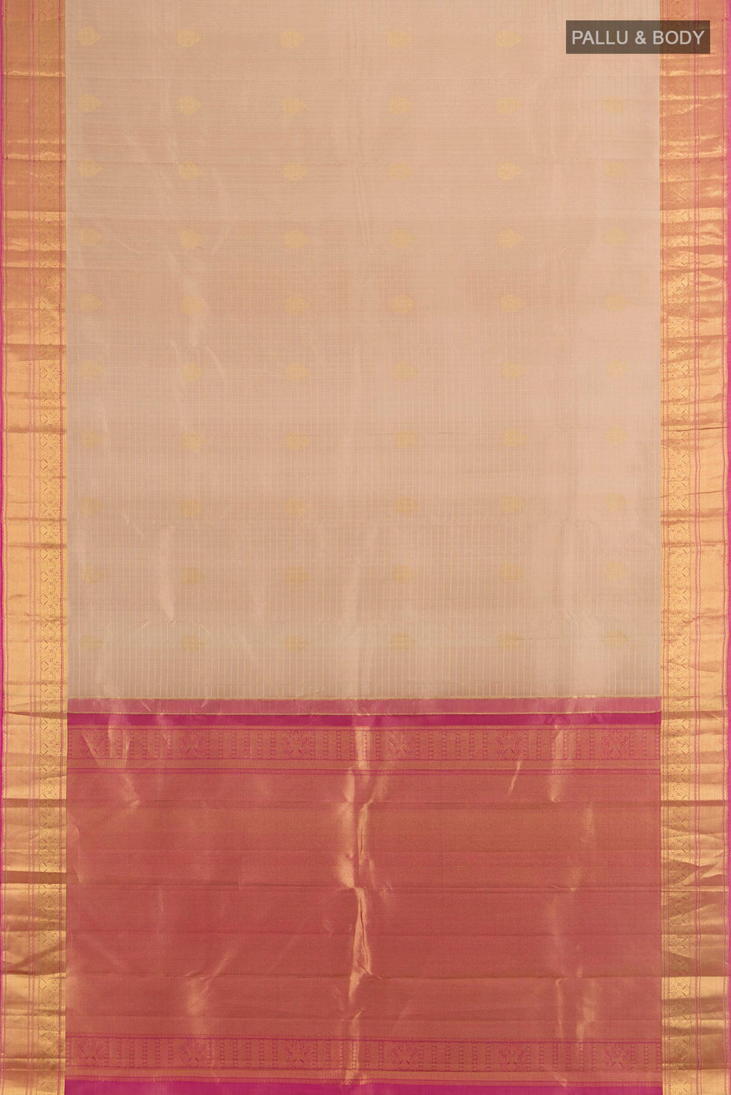 Flat view of Pure Silk Sandal Kanjivaram Saree with Zari Butta on the body and Silk Border. 