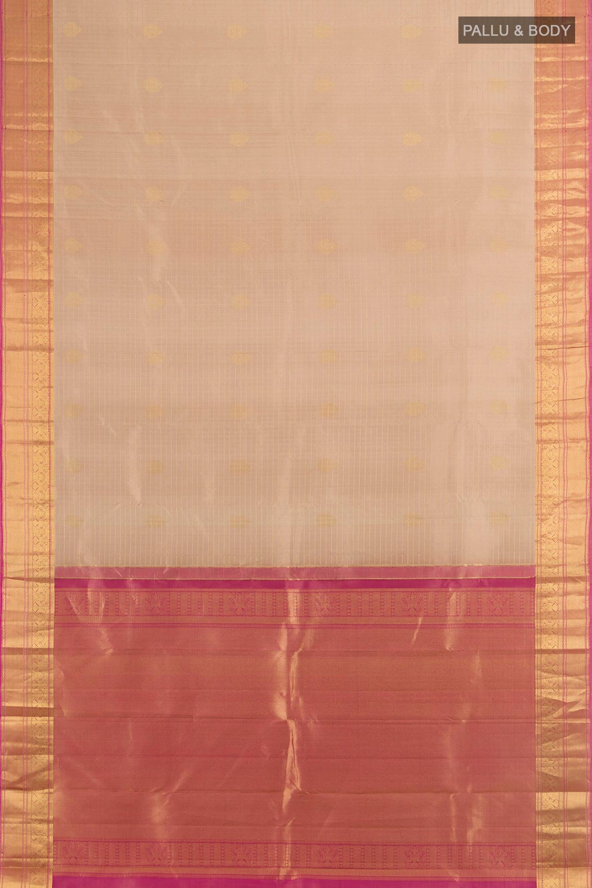 Flat view of Pure Silk Sandal Kanjivaram Saree with Zari Butta on the body and Silk Border. 