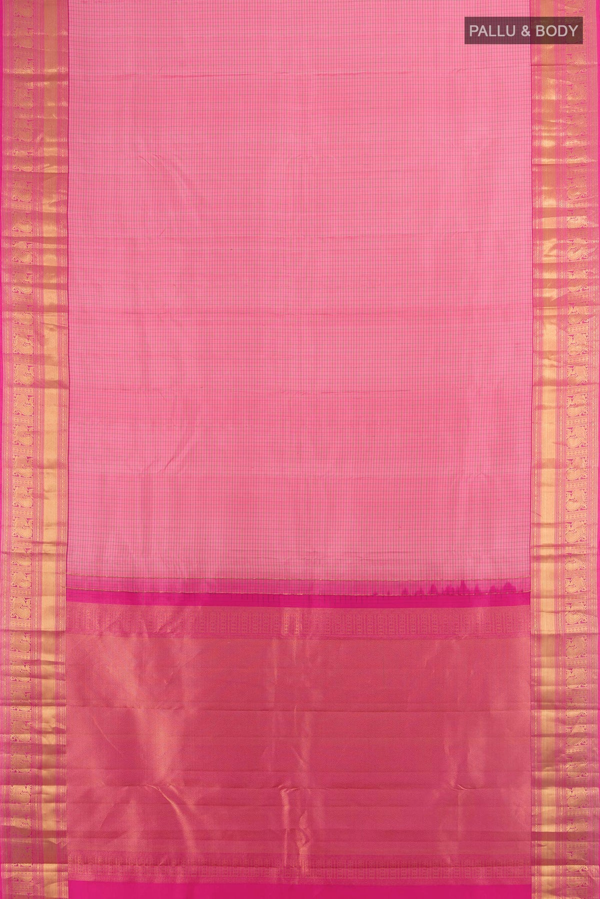 Flat view of Pure Silk Rose pink Kanchipuram Saree with Checked design on the body and Zari Border. 