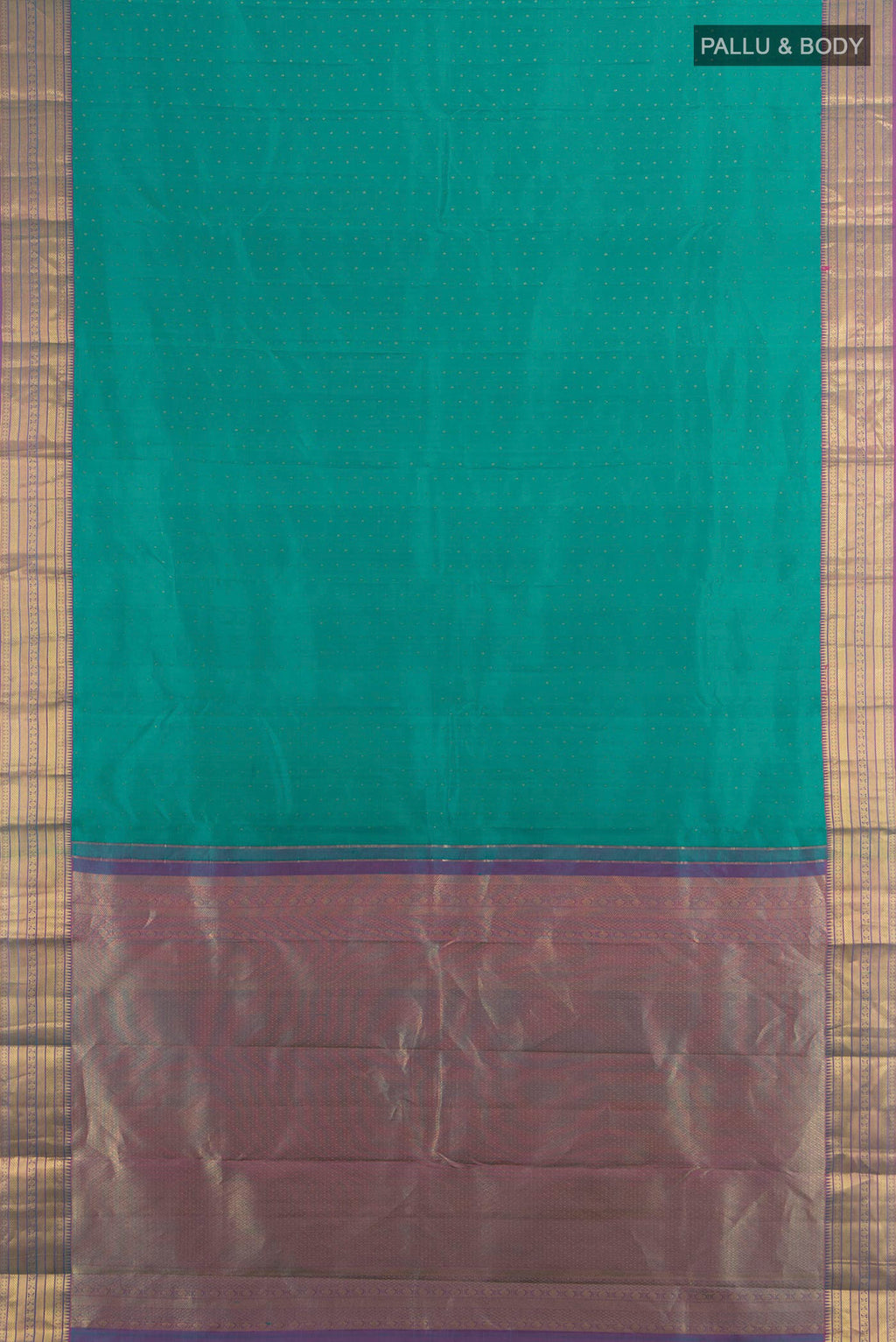 Flat view of Pure Silk Turquoise Kanchipuram Saree with Zari Butta on the body and Zari Border. 