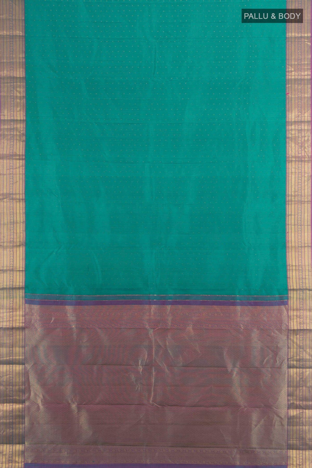 Flat view of Pure Silk Turquoise Kanchipuram Saree with Zari Butta on the body and Zari Border. 