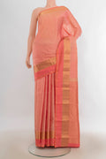 Pure Silk Peach Kanchipuram Saree with Zari Butta on the body and Zari Border.  displayed on a mannequin