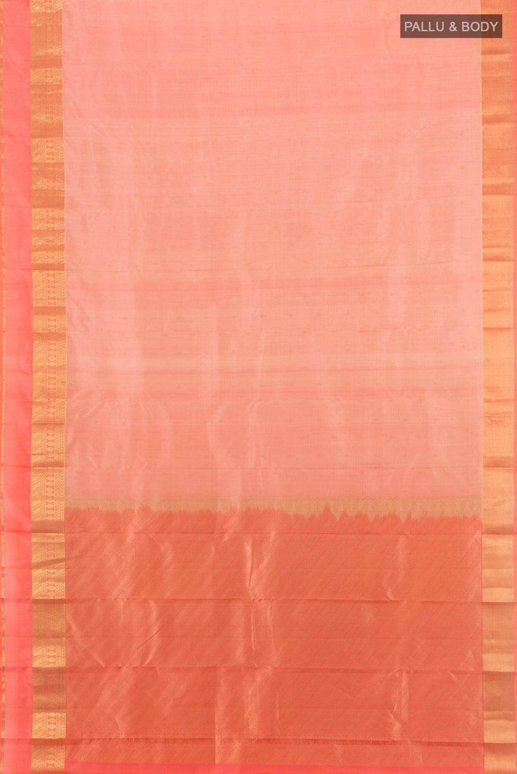 Flat view of Pure Silk Peach Kanchipuram Saree with Zari Butta on the body and Zari Border. 