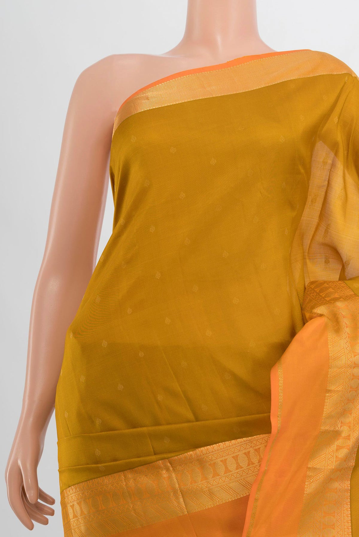 Border image of Pure Silk Mustard Kanchipuram Saree with Zari Butta on the body and Silk Border. 