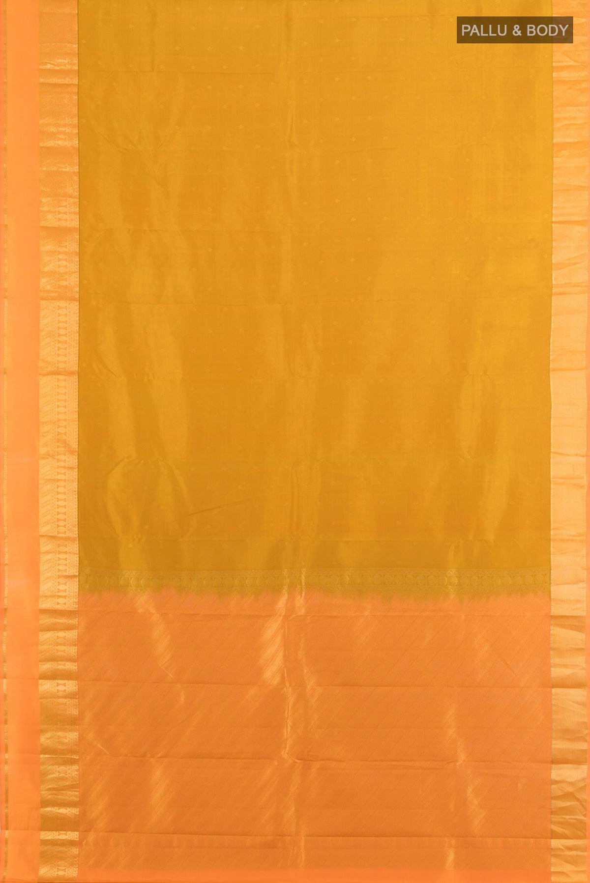 Flat view of Pure Silk Mustard Kanchipuram Saree with Zari Butta on the body and Silk Border. 