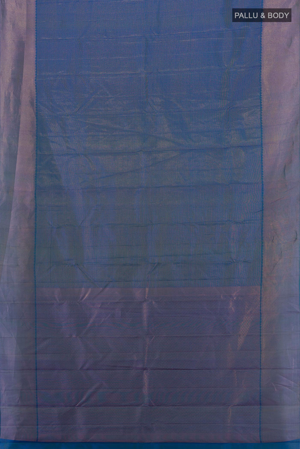 Flat view of Pure Silk Peacock Blue Kanchipuram Saree with Checked design on the body and Zari Border. 