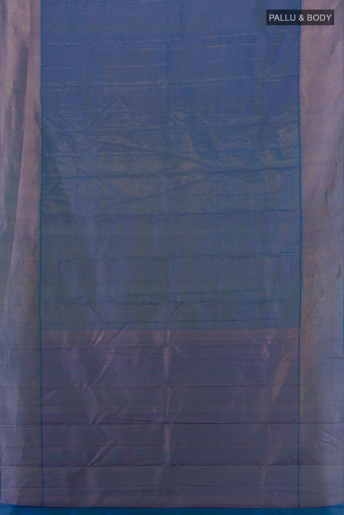 Flat view of Pure Silk Peacock Blue Kanchipuram Saree with Checked design on the body and Zari Border. 