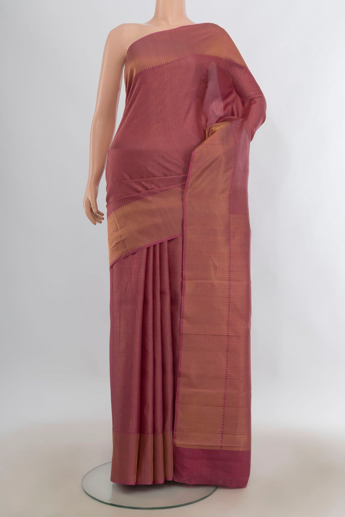 Pure Silk Pink Kanchipuram Saree with Checked design on the body and Zari Border.  displayed on a mannequin