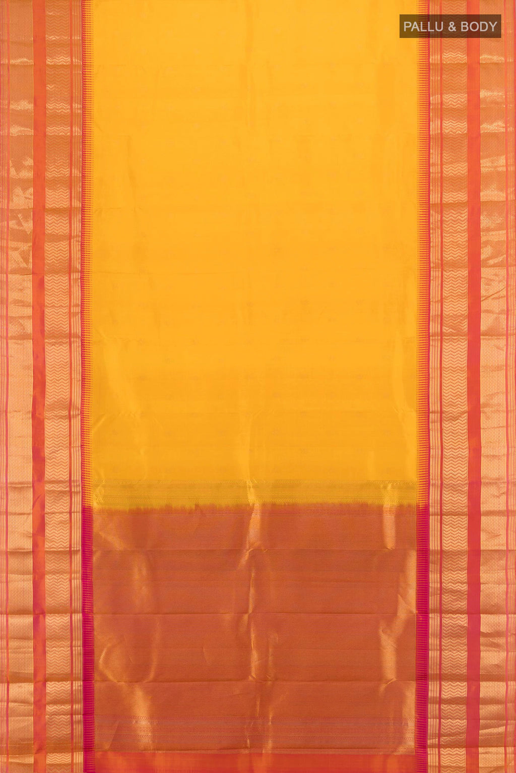 Flat view of Pure Silk Yellow Kanjivaram Saree with Zari Butta on the body and Zari Border. 