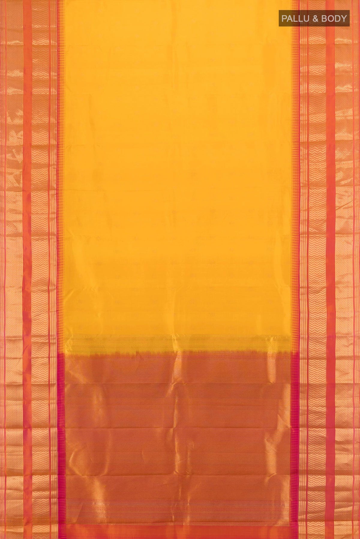Flat view of Pure Silk Yellow Kanjivaram Saree with Zari Butta on the body and Zari Border. 
