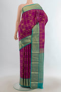 Pure Silk Magenta Kanchipuram Saree with Checked design on the body and Zari Border.  displayed on a mannequin