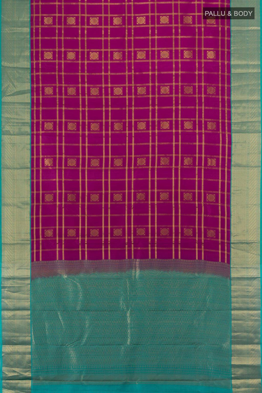 Flat view of Pure Silk Magenta Kanchipuram Saree with Checked design on the body and Zari Border. 