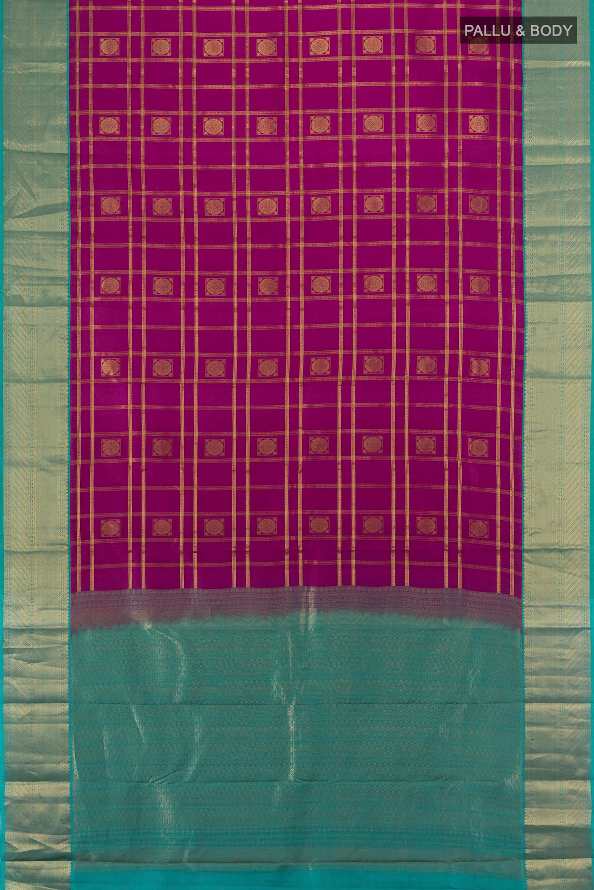 Flat view of Pure Silk Magenta Kanchipuram Saree with Checked design on the body and Zari Border. 