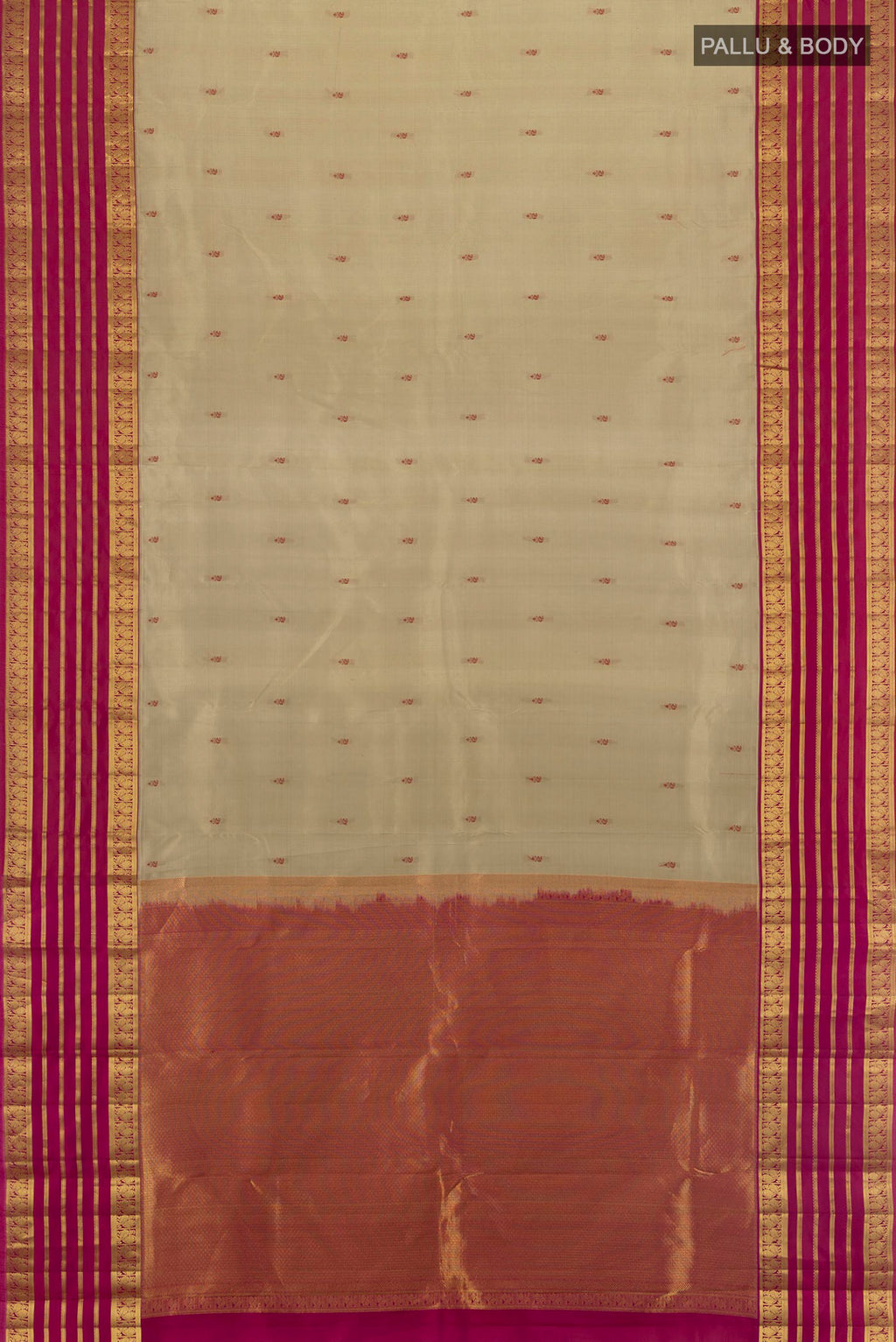 Flat view of Pure Silk Dark Beige Kanjivaram Saree with Thread Butta on the body and Zari Border. 