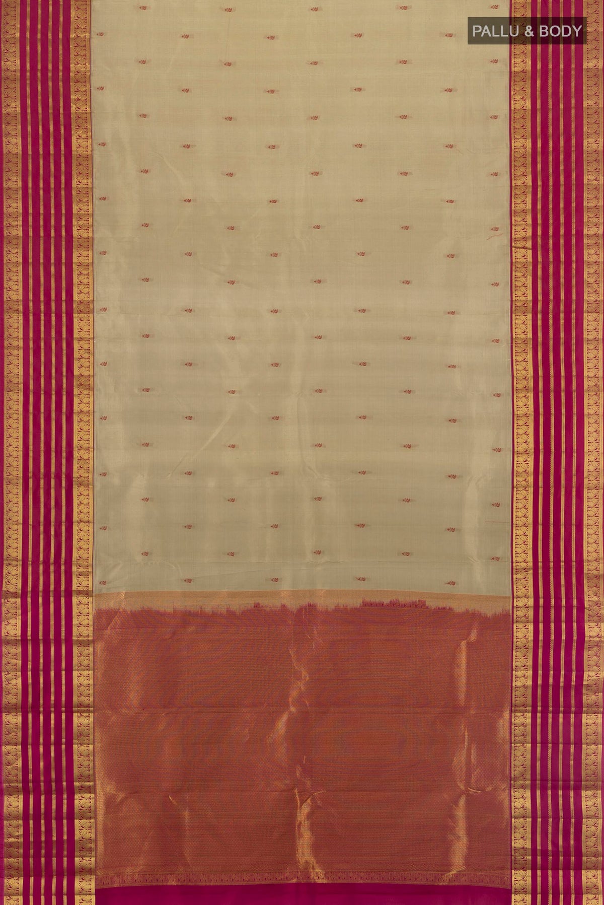 Flat view of Pure Silk Dark Beige Kanjivaram Saree with Thread Butta on the body and Zari Border. 