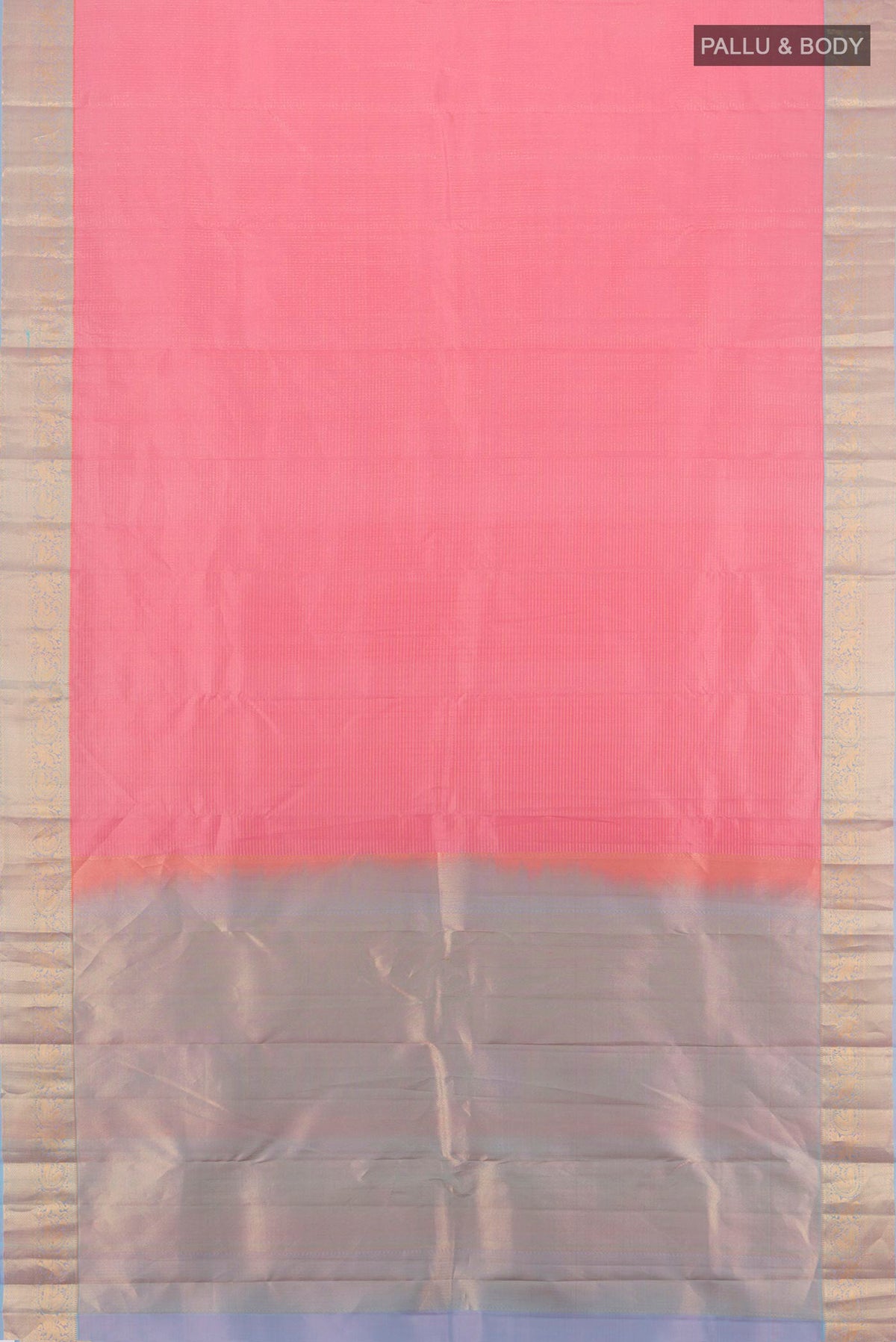 Flat view of Pure Silk Peach Kanchipuram Saree with Checked design on the body and Zari Border. 