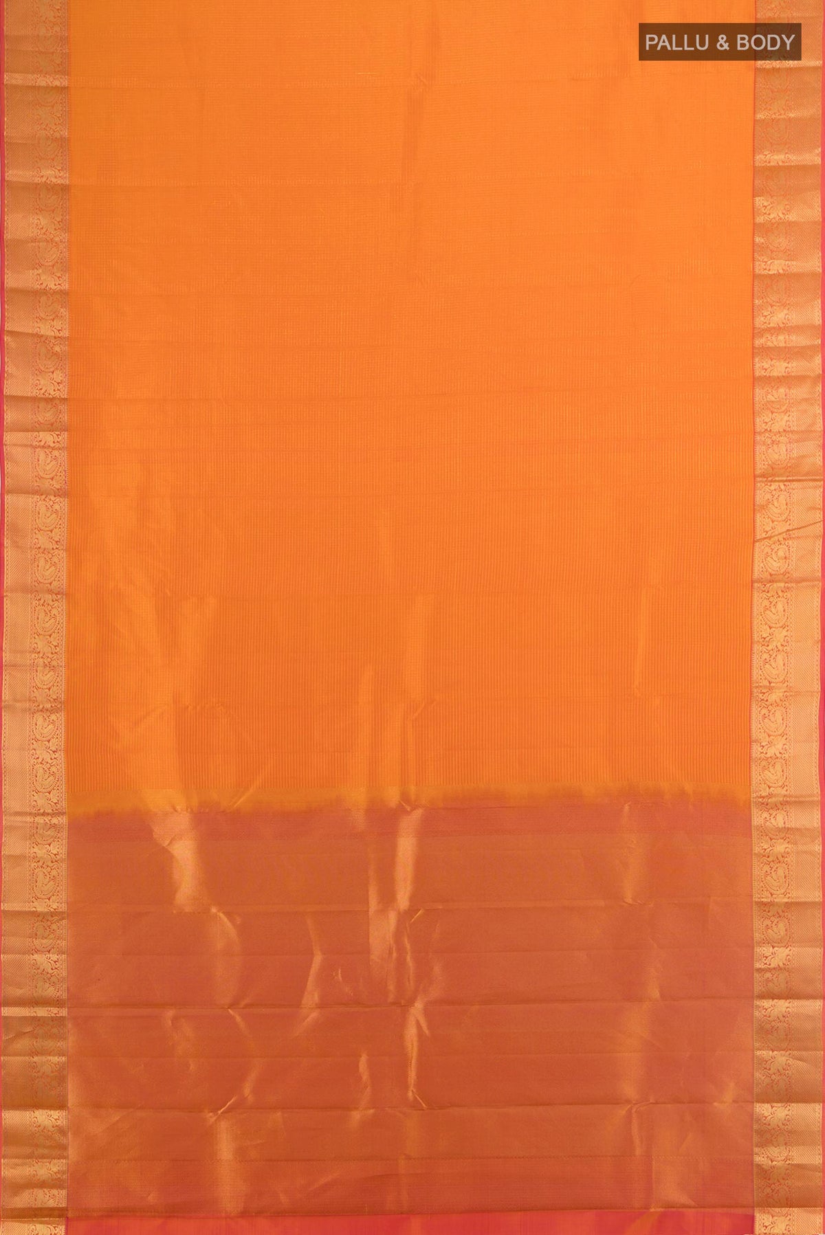 Flat view of Pure Silk Rust Kanchipuram Saree with Checked design on the body and Silk Border. 