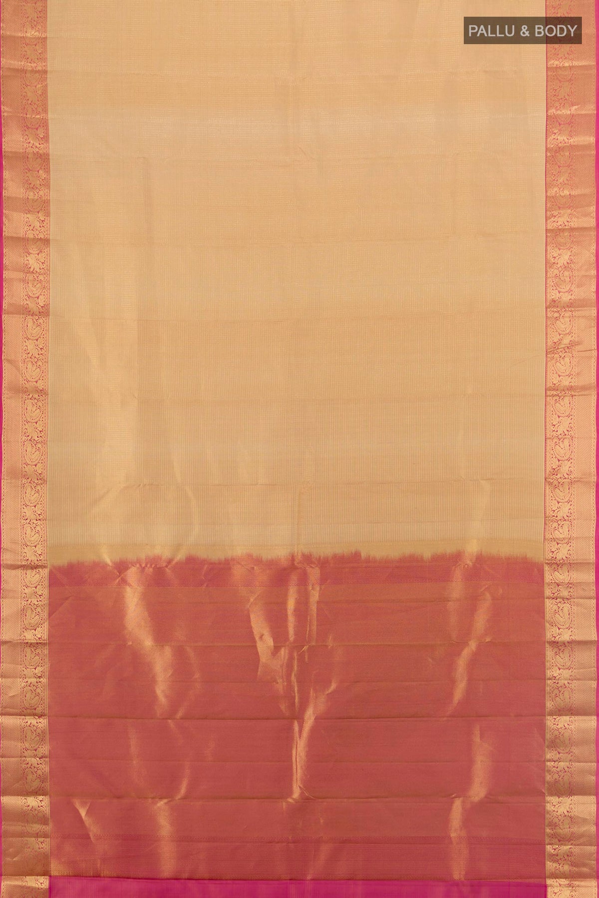 Flat view of Pure Silk Sandal Kanchipuram Saree with Zari Butta on the body and Zari Border. 