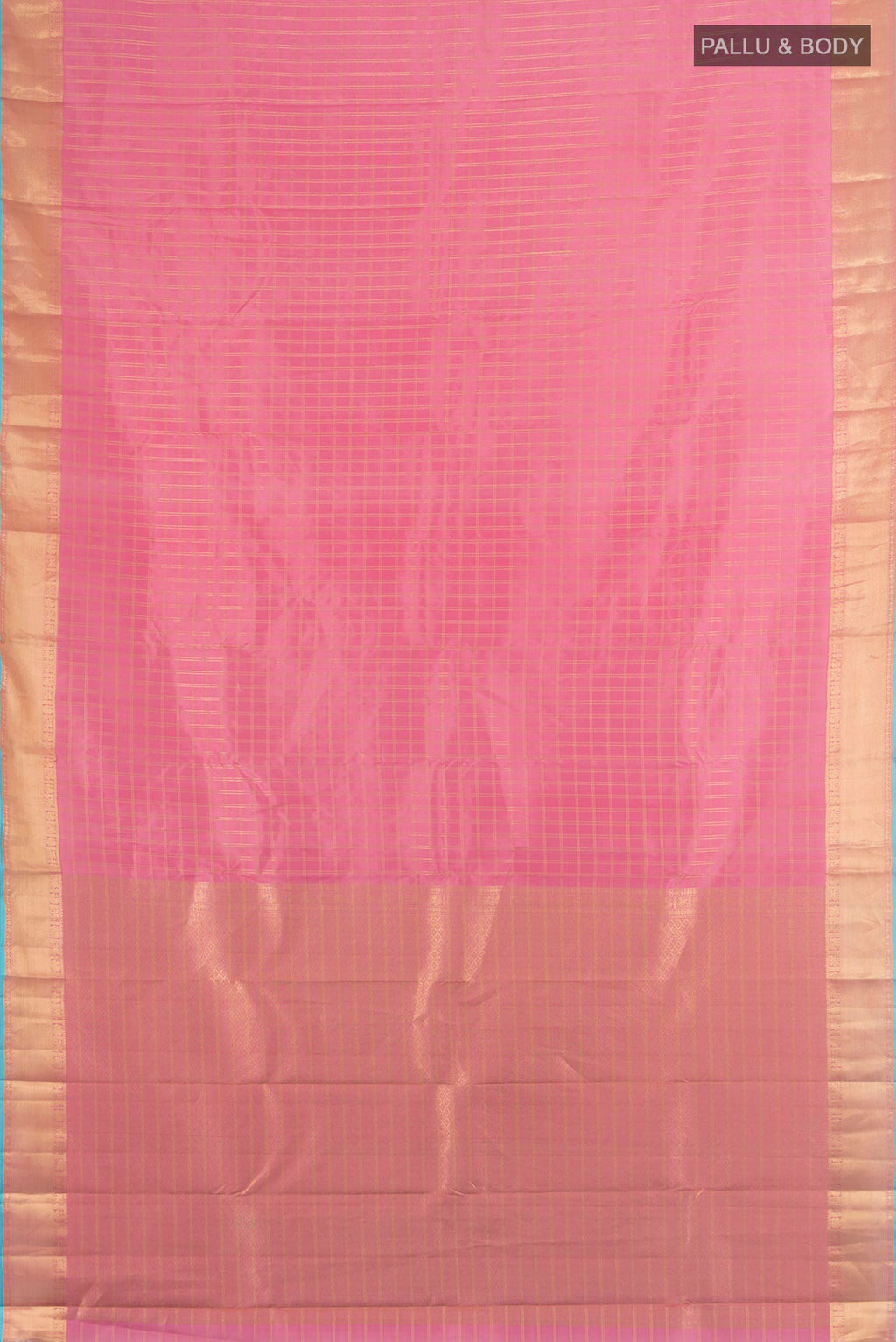 Flat view of Pure Silk Rose pink Kanchipuram Saree with Zari Butta on the body and Silk Border. 