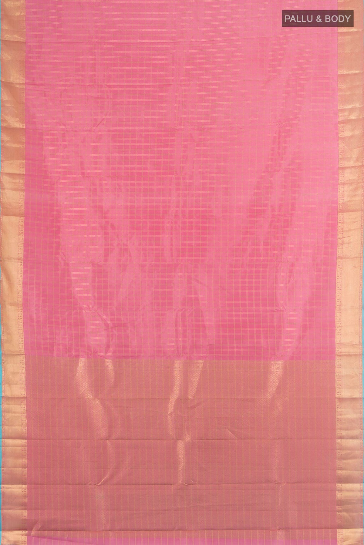 Flat view of Pure Silk Rose pink Kanchipuram Saree with Zari Butta on the body and Silk Border. 