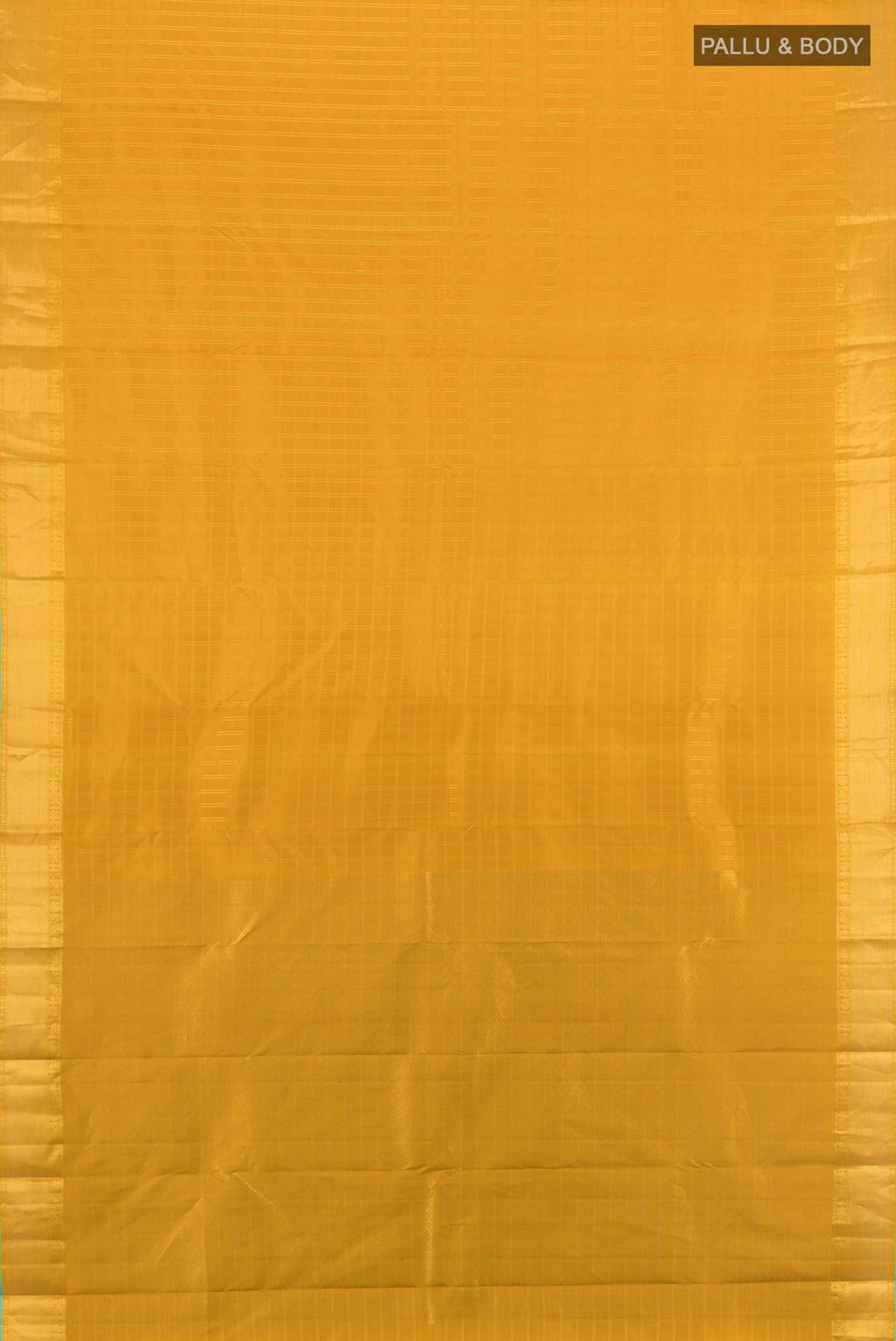 Flat view of Pure Silk Mustard Kanchipuram Saree with Checked design on the body and Zari Border. 