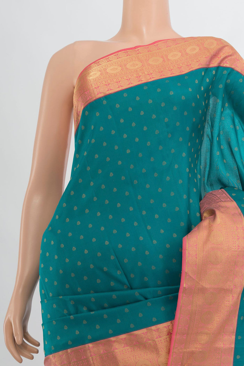 Border image of Pure Silk Peacock Blue Kanjivaram Saree with Zari Butta on the body and Silk Border. 