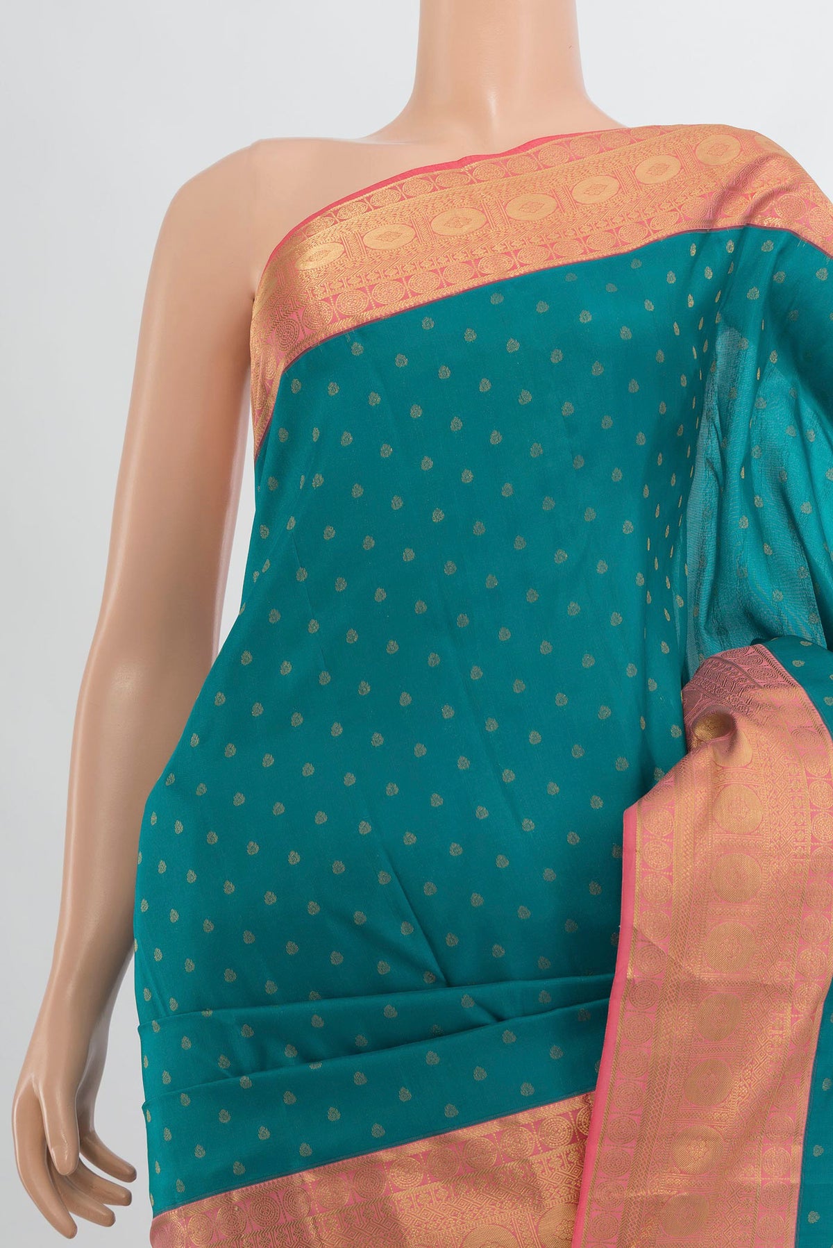 Border image of Pure Silk Peacock Blue Kanjivaram Saree with Zari Butta on the body and Silk Border. 