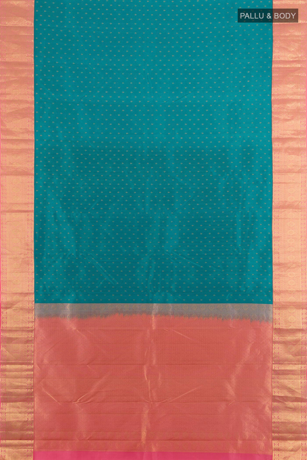 Flat view of Pure Silk Peacock Blue Kanjivaram Saree with Zari Butta on the body and Silk Border. 