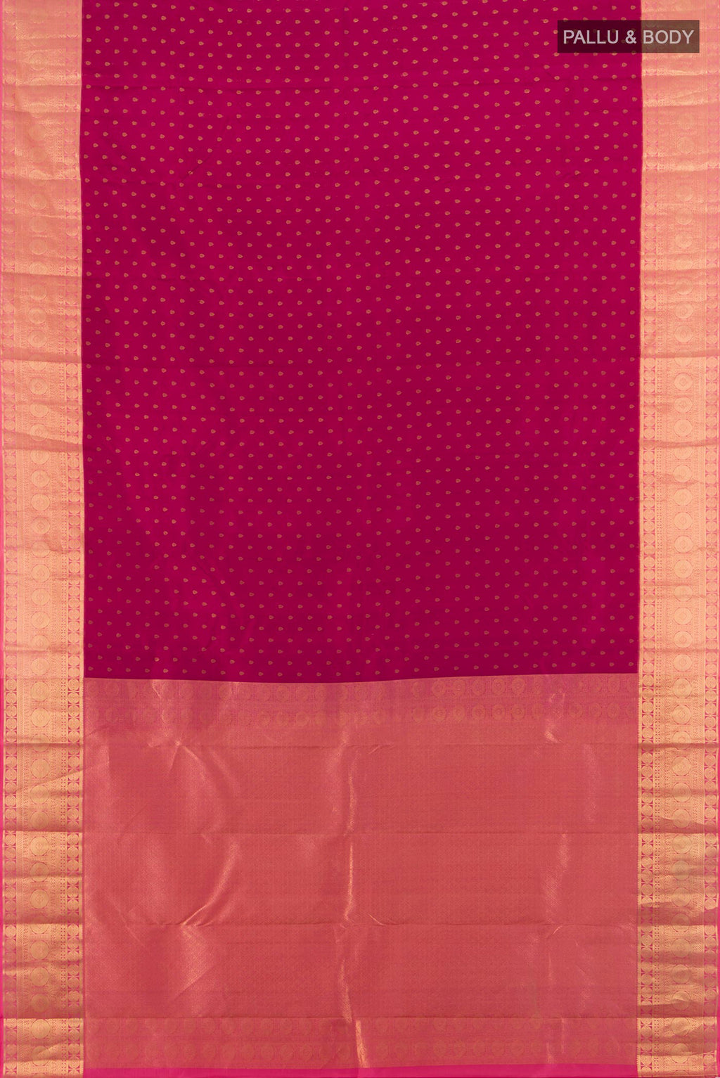 Flat view of Pure Silk Maroon Kanjivaram Saree with Zari Butta on the body and Zari Border. 