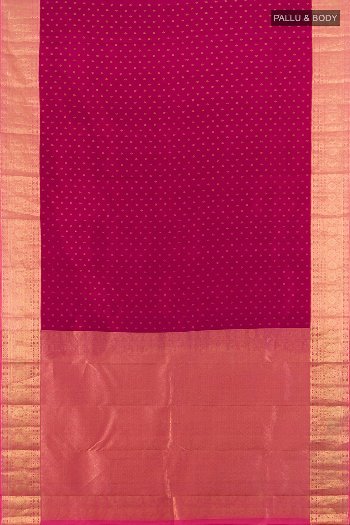 Flat view of Pure Silk Maroon Kanjivaram Saree with Zari Butta on the body and Zari Border. 