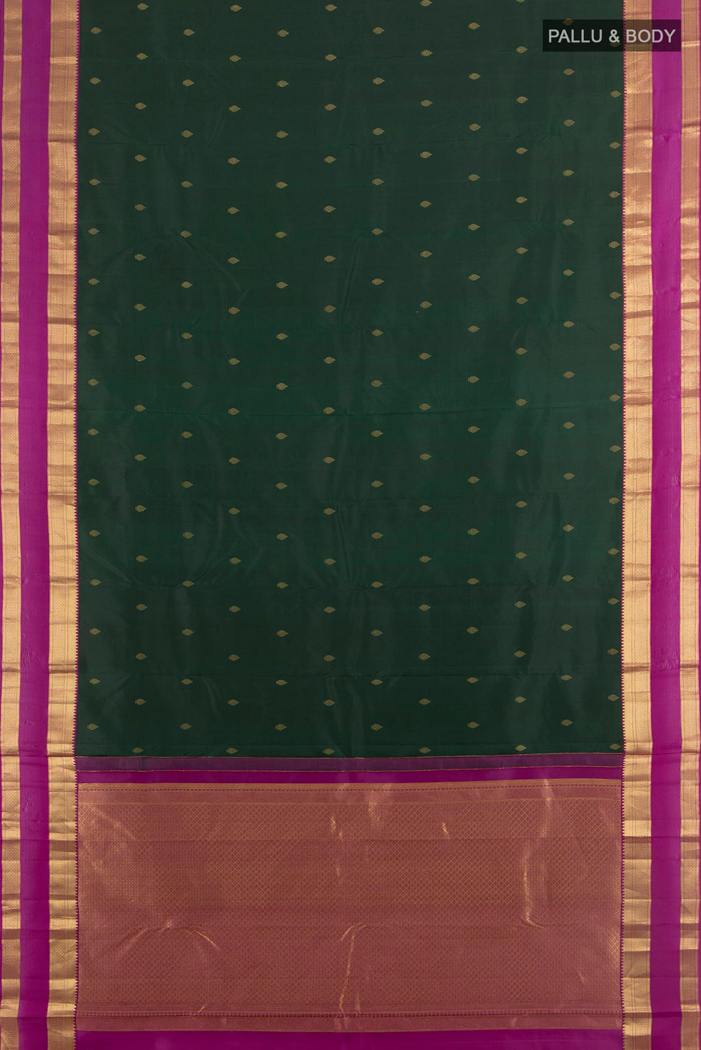Flat view of Pure Silk Sea Green Kanjivaram Saree with Zari Butta on the body and Silk Border. 