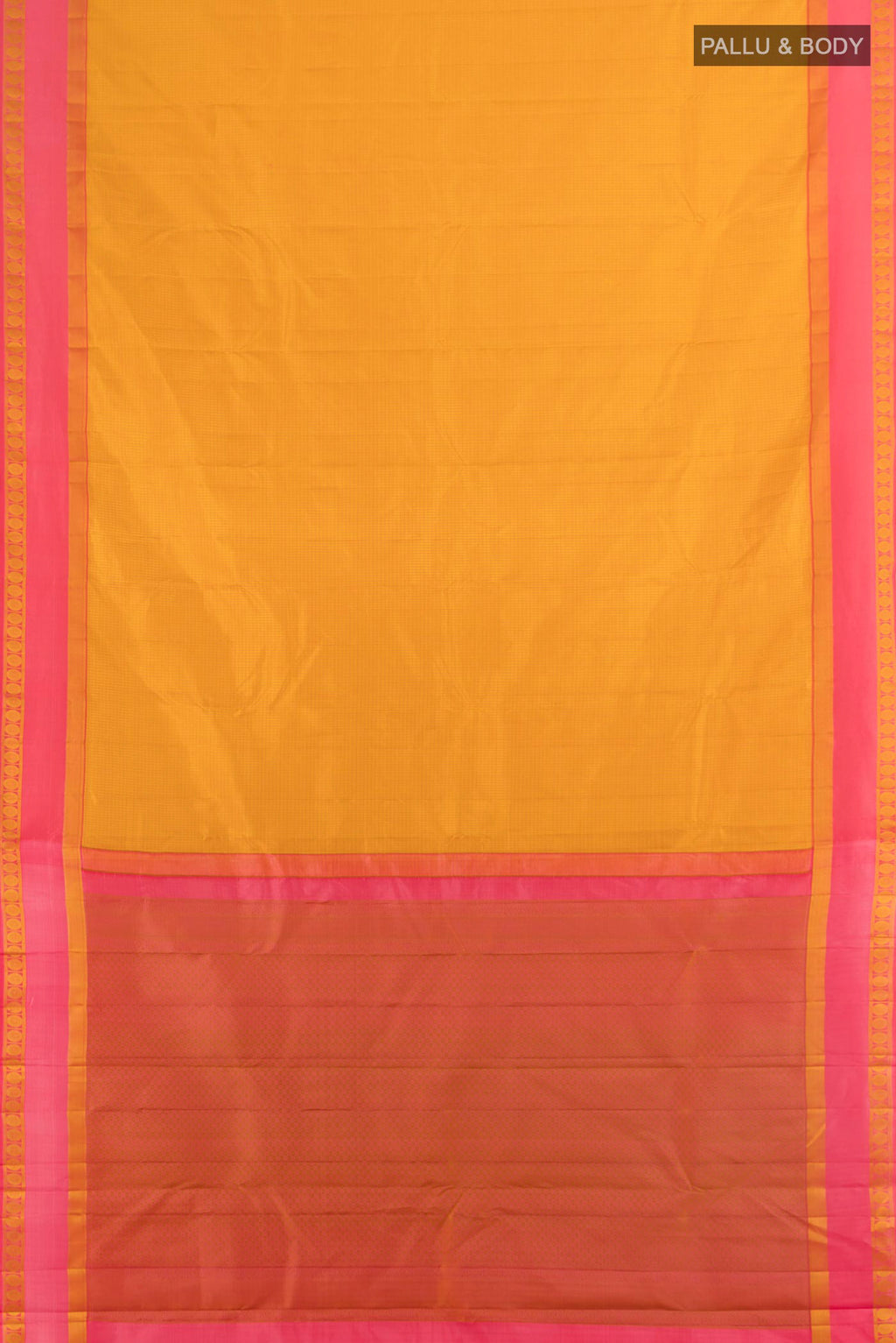 Flat view of Pure Silk Mustard Kanjivaram Saree with Checked design on the body and Thread Border. 