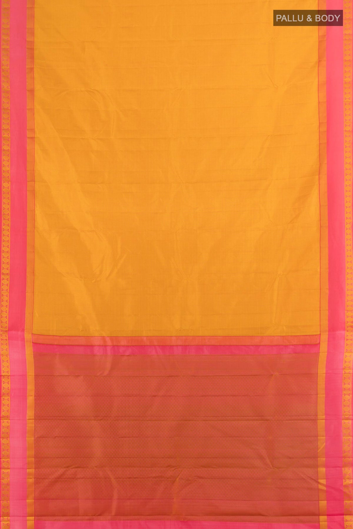 Flat view of Pure Silk Mustard Kanjivaram Saree with Checked design on the body and Thread Border. 
