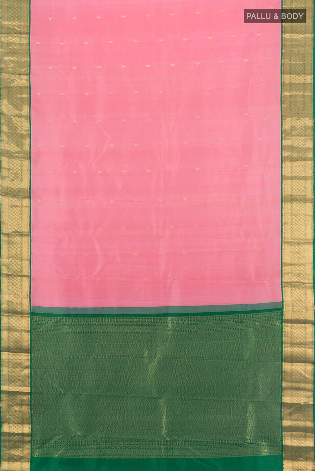 Flat view of Pure Silk Rose pink Kanjivaram Saree with Zari Butta on the body and Zari Border. 