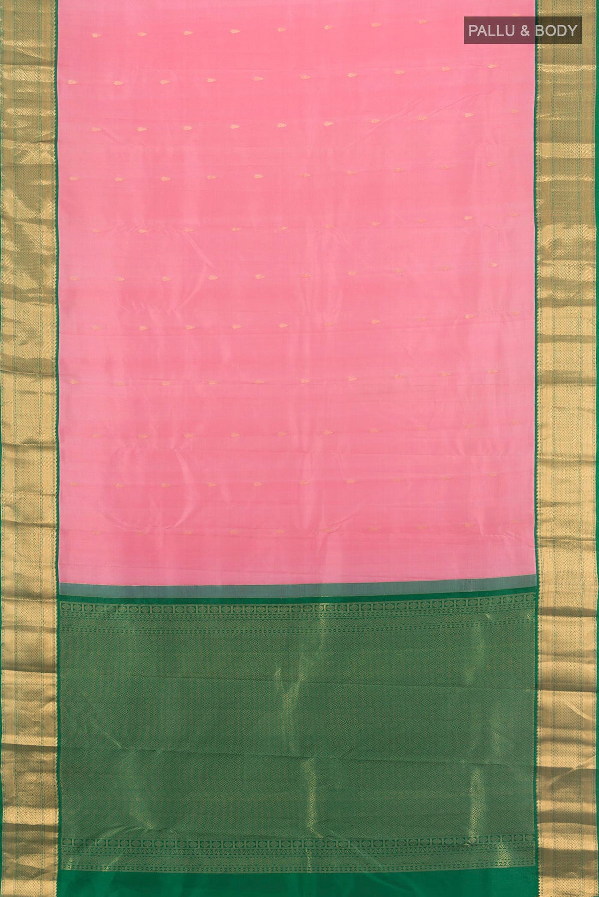 Flat view of Pure Silk Rose pink Kanjivaram Saree with Zari Butta on the body and Zari Border. 