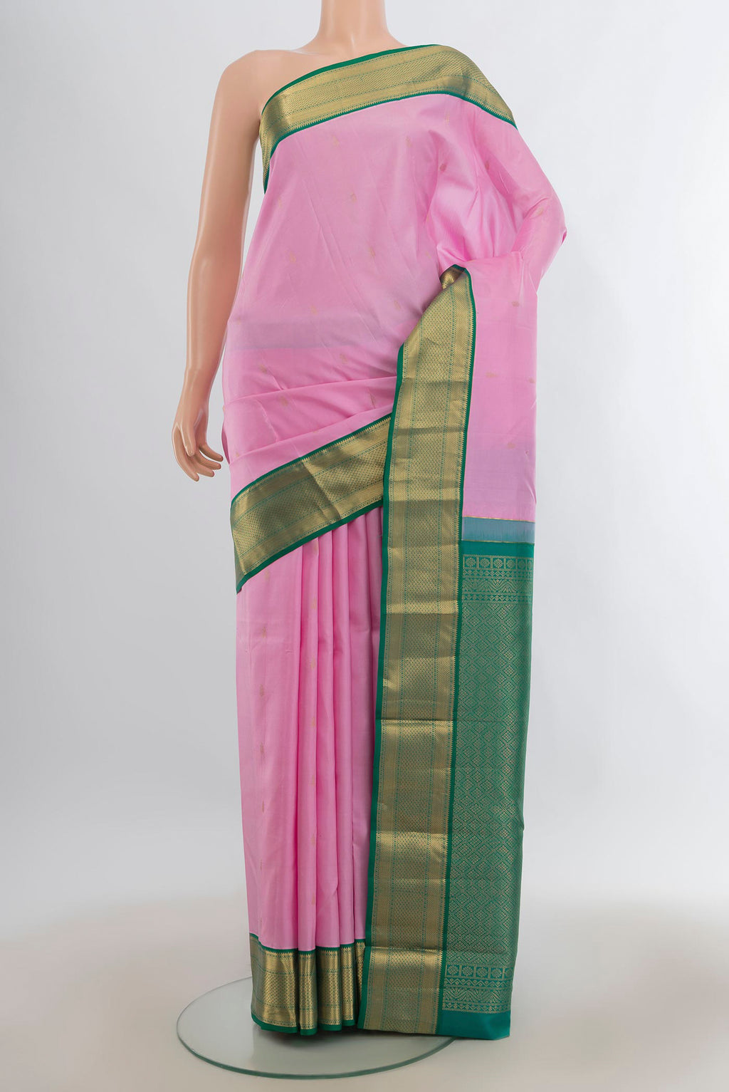 Pure Silk Rose pink Kanjivaram Saree with Zari Butta on the body and Zari Border.  displayed on a mannequin