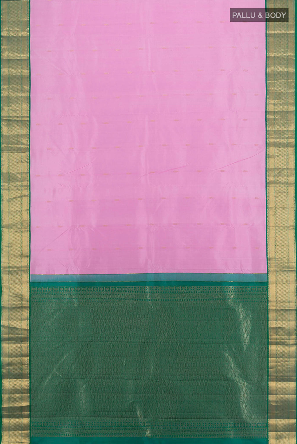 Flat view of Pure Silk Rose pink Kanjivaram Saree with Zari Butta on the body and Zari Border. 