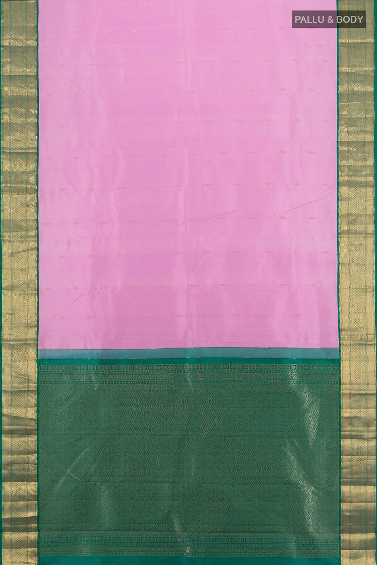 Flat view of Pure Silk Rose pink Kanjivaram Saree with Zari Butta on the body and Zari Border. 