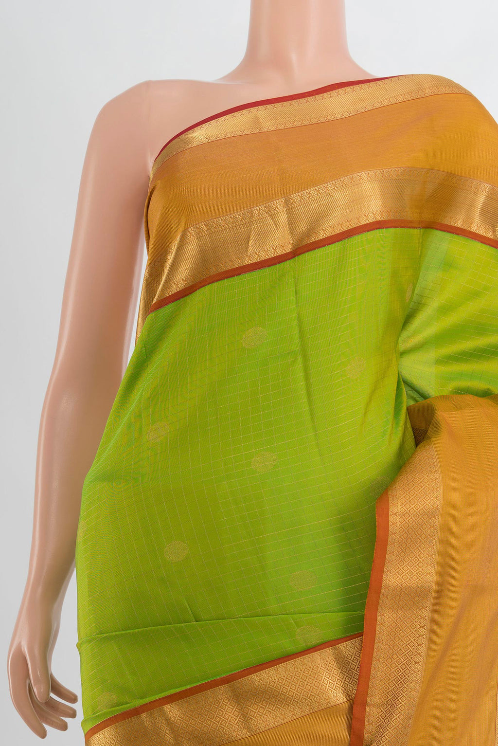 Border image of Pure Silk Parrot Green Kanchipuram Saree with Zari Butta on the body and Silk Border. 