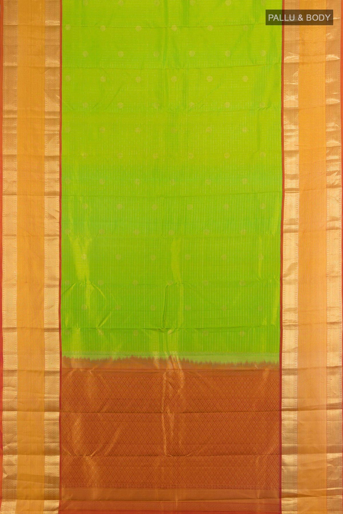 Flat view of Pure Silk Parrot Green Kanchipuram Saree with Zari Butta on the body and Silk Border. 